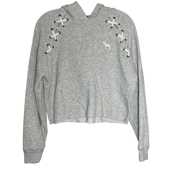 PINK Victoria's Secret XS Gray Lace-Up Cropped‎ Hoodie Sweatshirt - Picture 1 of 3